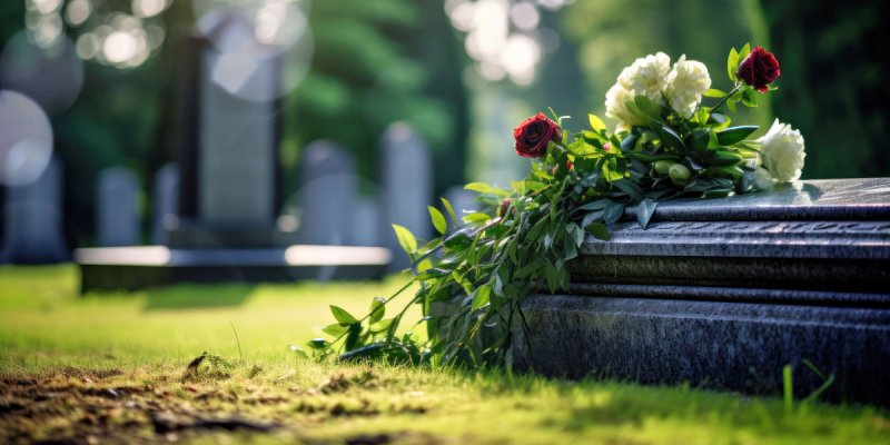 Sarg mit Blumenschmuck auf einem Friedhof