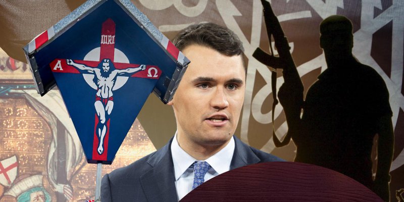 Collage mit Charly Kirk, Christus am Kreuz und der Silhouette einer Person mit Schnellfeuerwaffe