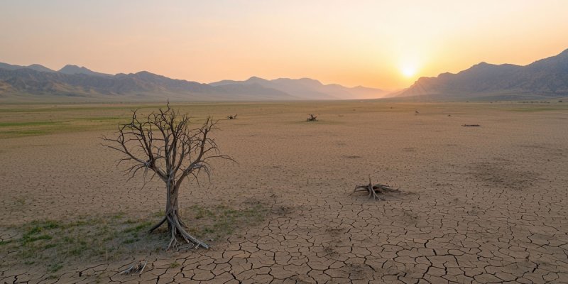 eine Wüstenlandschaft mit Bergkette im Hintergund im Abendlicht