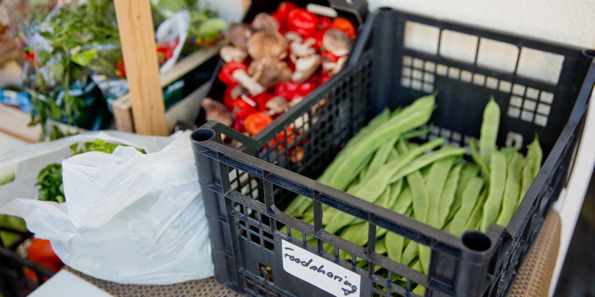 verschiedene Gemüsesorten in einer Foodsharing-Station; im Vordergrund eine Box mit grünen Bohnen und der Aufschrift "Foodsharing"